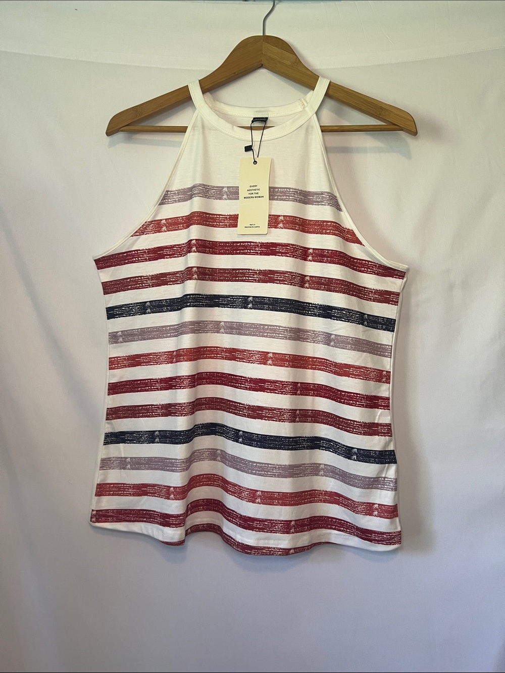NWT SHEIN Halter Tank Top High Neck Striped Red White Blue Patriotic Sz L